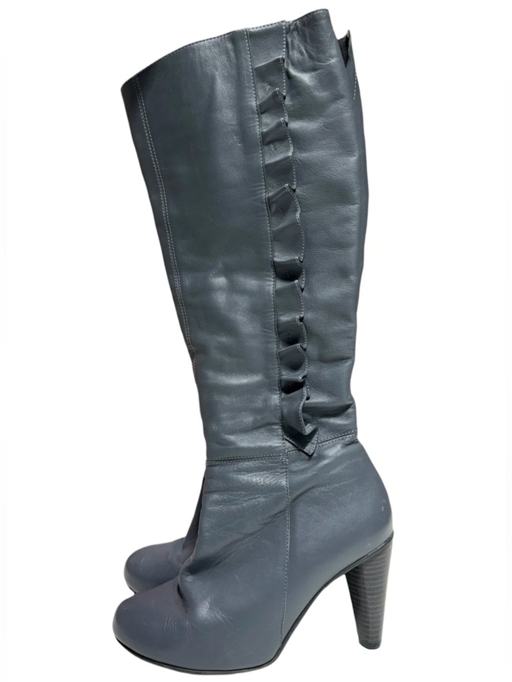 You by CROCS Leather Tall Grey Blue Heeled Boots with Side Ruffle size 8.5